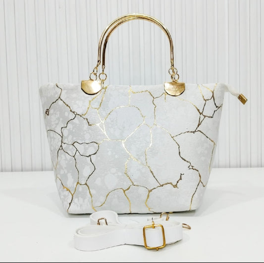 Luxury Marble Print Handbag with Golden Handle