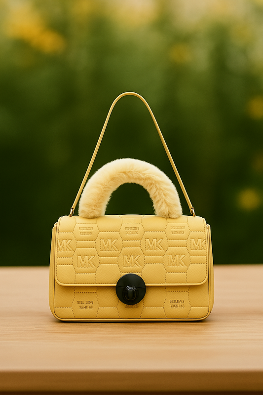 Beige Quilted Michael Poix Handbag with Faux Fur Handle