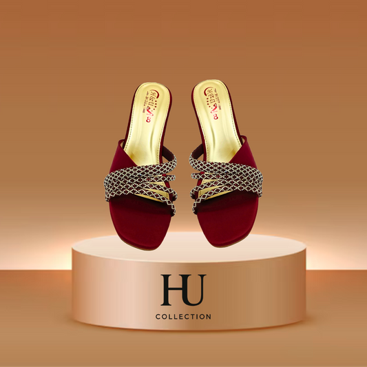 Elegant Maroon Crystal Block Heel
