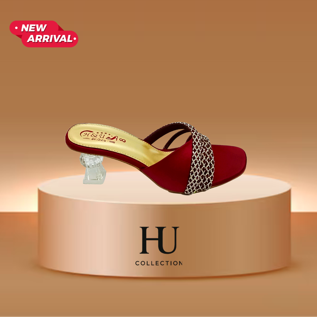 Elegant Maroon Crystal Block Heel