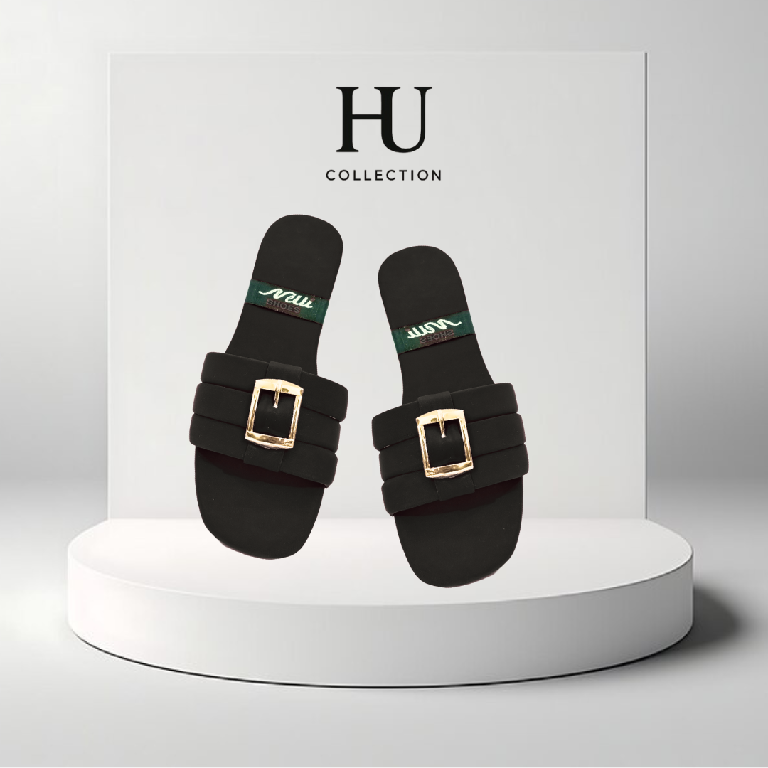 Elegant Flat Slippers with Gold Buckle